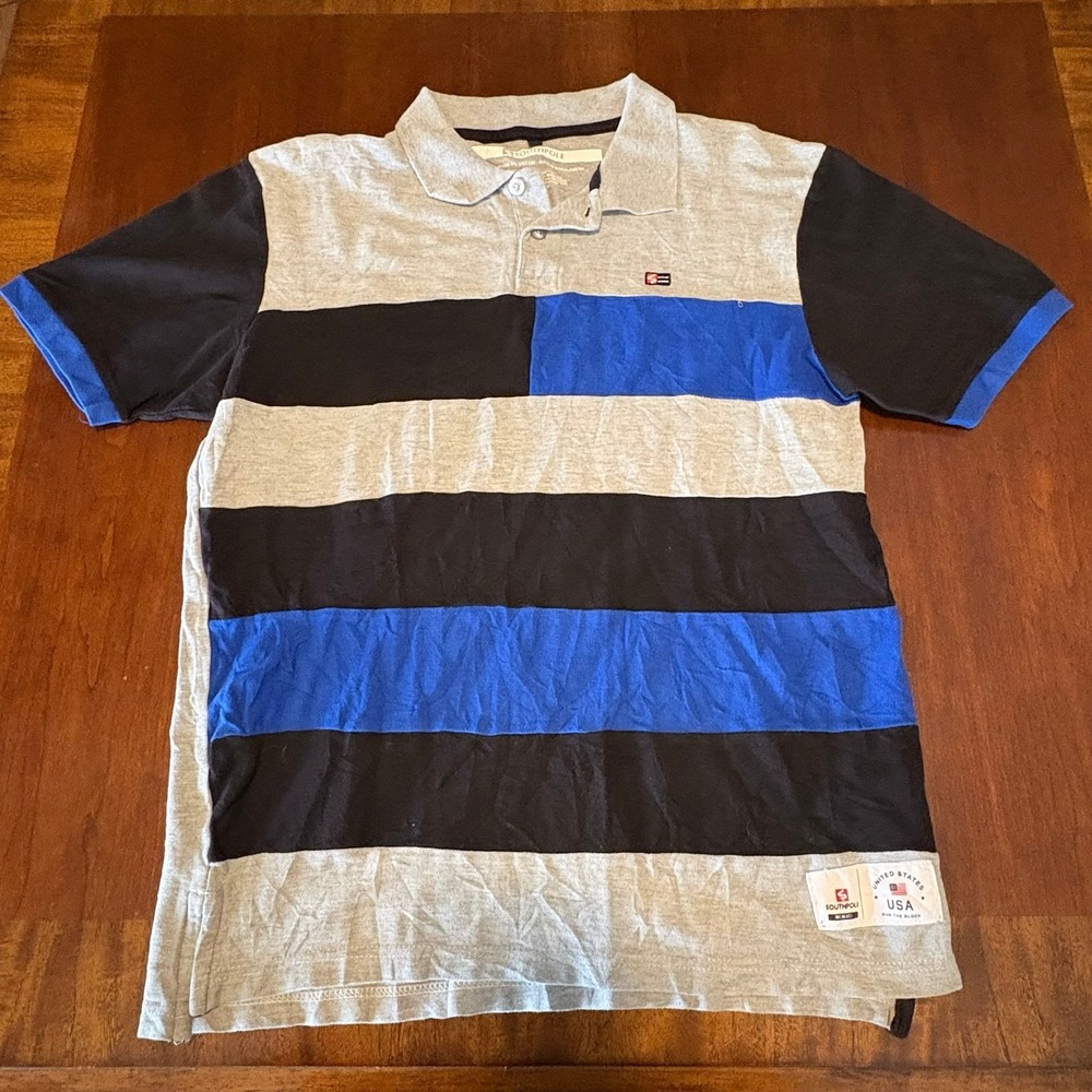 Southpole Colorblock Striped Polo Shirt Grey Black Blue Size Large Streetwear